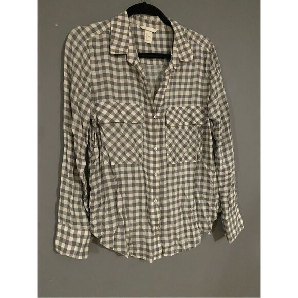 H&M Ivory Grey Modal Plaid Checked Long Sleeve Button Front Blouse Size 10 - Picture 2 of 8